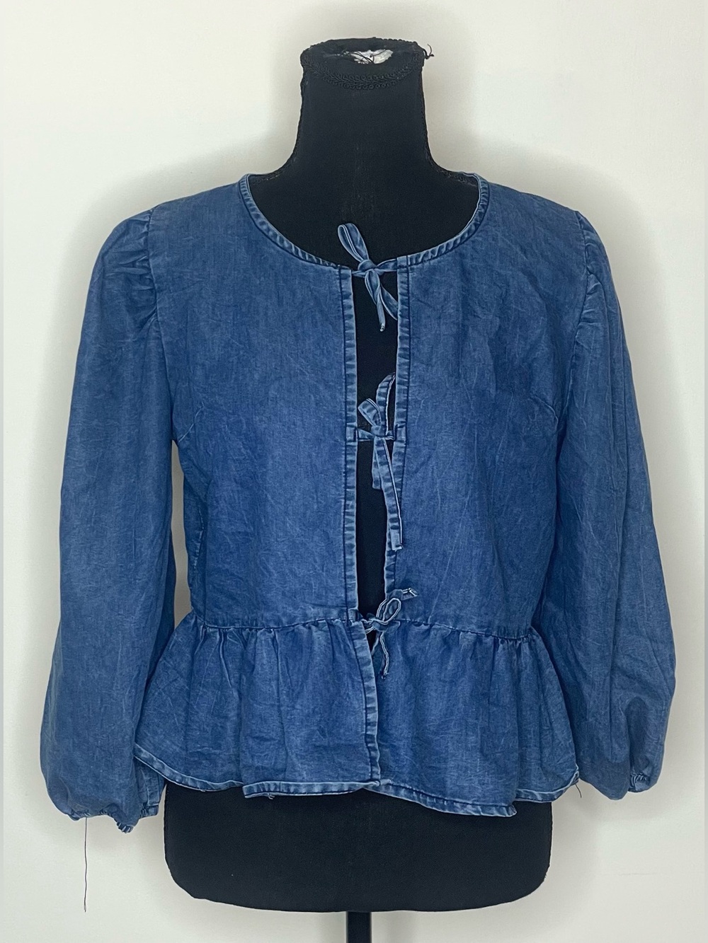 Sim & Sam- Dark Blue Denim Peplum Blouse with Tie Front Size M